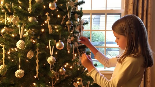 Christmas tree decoration, kid decorate a christmas tree