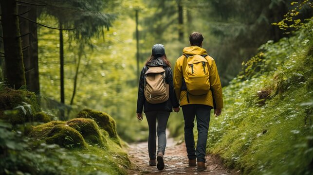 Couple trekking in the forest together. 