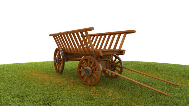An old wooden wagon stands in a meadow. 3d illustration