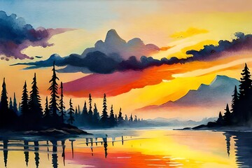 sunrise in the mountains with river water, splash color art painting