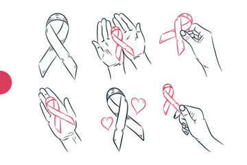 Set of hands holding ribbon breast cancer awareness line drawing. Hand drawn sketch doodle vintage vector illustration