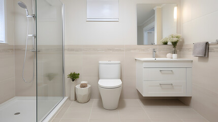 Naklejka na ściany i meble white bathroom Toilet and bath on the side, modern flooring Generative AI