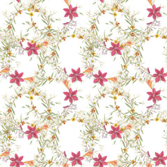 Obraz premium Seamless pattern of watercolor garden flowers on a white background. Daisies, clematis flowers and small garden greens.