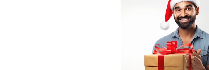 Happy smiling indian man holding gift box in front, offering and giving Christmas gifts. White background. Cristmas, New Year holiday concept. Generative ai.