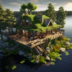 Gardinen a small cottage on lake winnipesaukee, white green roof, deck, in the style of minecraft © Kholoud