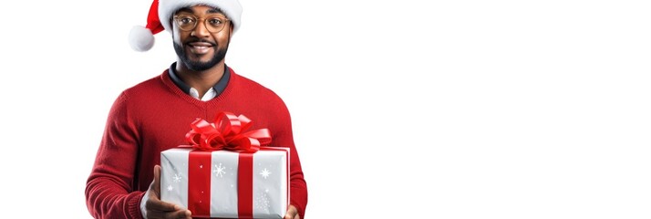Happy smiling african man holding gift box in front, offering and giving Christmas gifts. White background. Cristmas, New Year holiday concept. Generative ai.