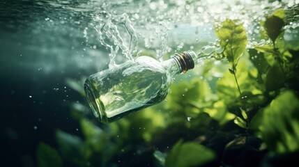Naklejka premium Bottle floating in water. Liquid vegetation.