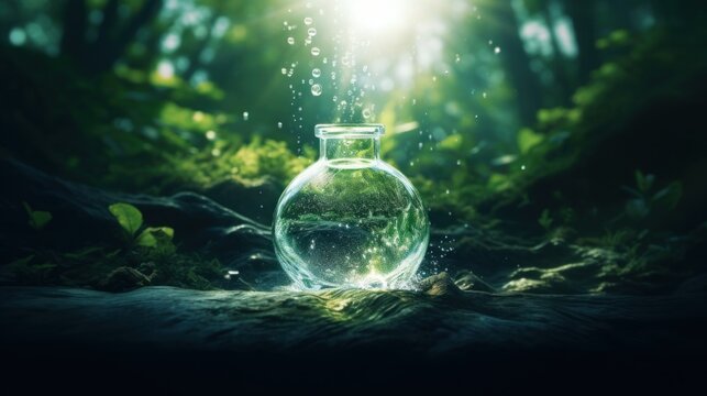 Bottle floating in water. Liquid vegetation.