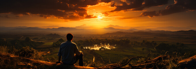 Sunset romantic landscapes with person silhouette. Beautiful orange summer sunrise. Generative AI.