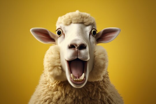 Happy surprised sheep with open mouth.