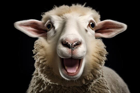Happy surprised sheep with open mouth.