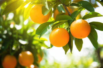 Bunch of fresh ripe oranges hanging on a tree in orange garden. Details of Spain - Powered by Adobe