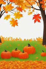 Autumn background illustration with pumpkins and autumn leaves.