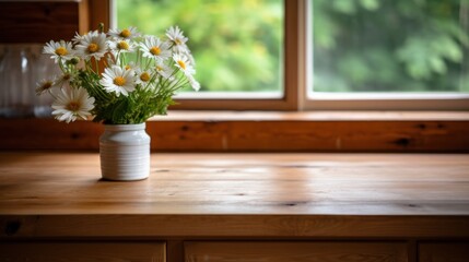 Daisies in a vase on a wooden table.