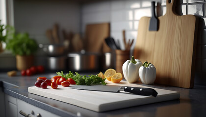 Close up modern kitchen table with cutting or chopping board, vegetables and knife. Indoor background with selective focus.