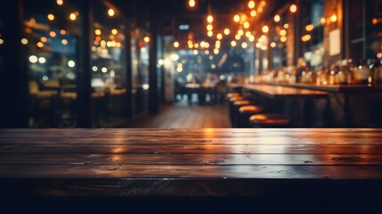 Fototapeta na wymiar Empty wood table top on blur cafe restaurant in dark background