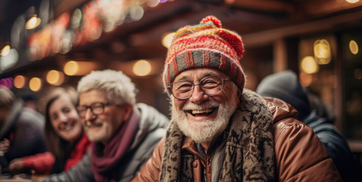 Modisch gekleideter &auml;lterer Mann in geselliger Runde Abends beim Apr&egrave;s-Ski.