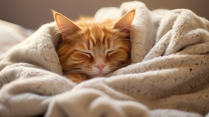 Cute ginger cat is sleeping in the warm bed.