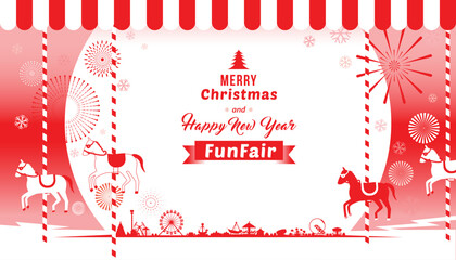 Merry Christmas and Happy New Year with amusement funfair, snowflakes and fireworks background. 