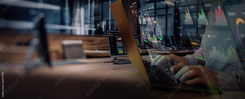 Poster digital marketing businessman analyzing and calculating financial data for long term investment grow