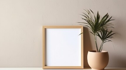 Empty frame mockup in modern minimal home with plant decoration