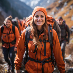 Gruppe beim Wandern im Herbst in den Bergen bei Sonnenschein. - 631575319