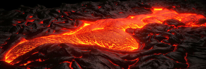 Panoramic image of the current boiling lava after the eruption of the volcano. Molten hot magma. Detailed view of the lava flow coming out of the crack of the earth. Generative AI.