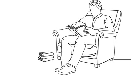 continuous single line drawing of man sitting in armchair reading a book, line art vector illustration