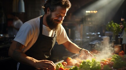 A professional chef in a chef's hat cooks in the kitchen, emotions of pleasure, bright kitchen, concept: the profession of a cook, cooking and food preparation training courses. generative ai
