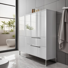 modern bathroom interior with cabinet and window