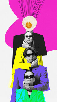 Art collage with egghead boss with team in bright jackets over white background. Symbolizing smart human brainstorming, making decision.