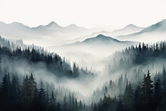 Fototapeta Photo realistic illustration of beautiful mountain forest fog. Misty pine tree forest. Generative AI