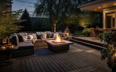 Modern cozy outdoor patio with fireplace, comfortable sofas in the carefully landscaped garden of a country house.