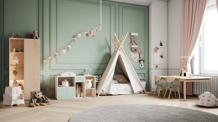 KIDS room in with natural colors and modern desighn Generative AI