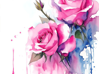 Watercolor roses flowers background isolated on white, abstract flowers made from watercolor paint splashes.