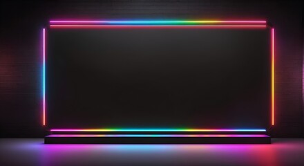 A neon billboard in a dimly lit room against a brick wall