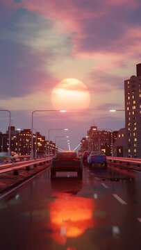 Retro-futuristic drive in sunset city, Vertical video