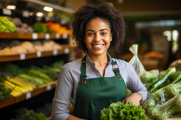 Joyful african american seller woman working in vegetable shop.