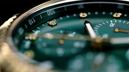 Close Up Of Stylish Luxury Man Wrist Watch With Moving Hand And Multiple Dials. Men's chronograph watch in metal with sapphire crystal. closeup view of rotating watch, running second arrow. green dial - Powered by Adobe