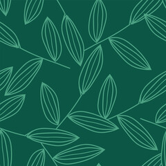 Line Art Leaves of the Acacia bakeri, or Scrub Wattle, on a Blue Green Background Creating a Seamless Repeat Pattern Design. 