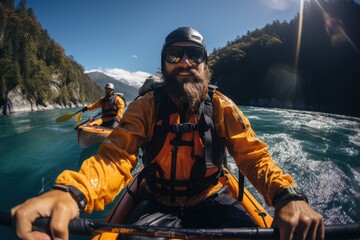 Kayaking at its best Man in kayak sailing in a mountain river
