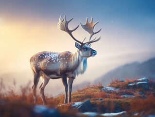 Naklejka premium Reindeer in its Natural Habitat, Wildlife Photography, Generative AI