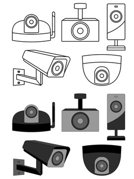 Set Of CCTV Cameras In Different Angles And Different Shapes Flat Style Vector Illustrations, Closed Circuit Television Camera Colored And Black And White Line Art Stock Vector Image