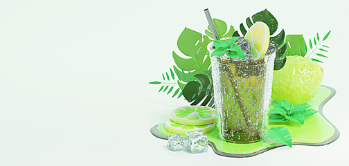 Lime Lemonade cup and palm leaves banner template. 3d illustration of plastic takeaway cup with paper cup lime.