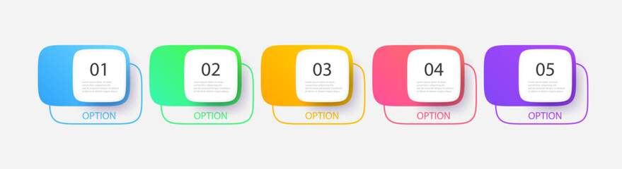 Gradient mesh infographic with 5 square elements and options. Vector illustration.