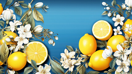 italy style Seamless fruit pattern of lemons, flowers and branches, Vector graphic 