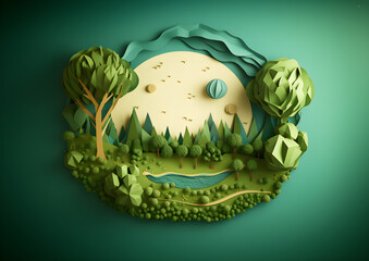 Meadows, mountains and lakes in a circel in paper cut style