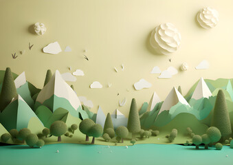 Meadows, mountains and lakes in paper cut style