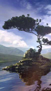 A tree on a mountain lake island.