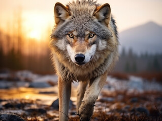 Obraz premium Wolf in its Natural Habitat, Wildlife Photography, Generative AI